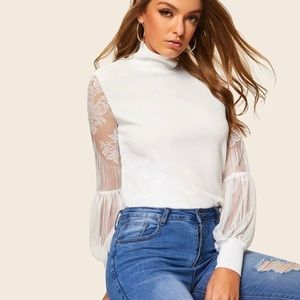 Tops - White Lace Puff sleeve High Neck Top - Woman’s Tops - White Lace Puff sleeve High Neck Top - Woman’s